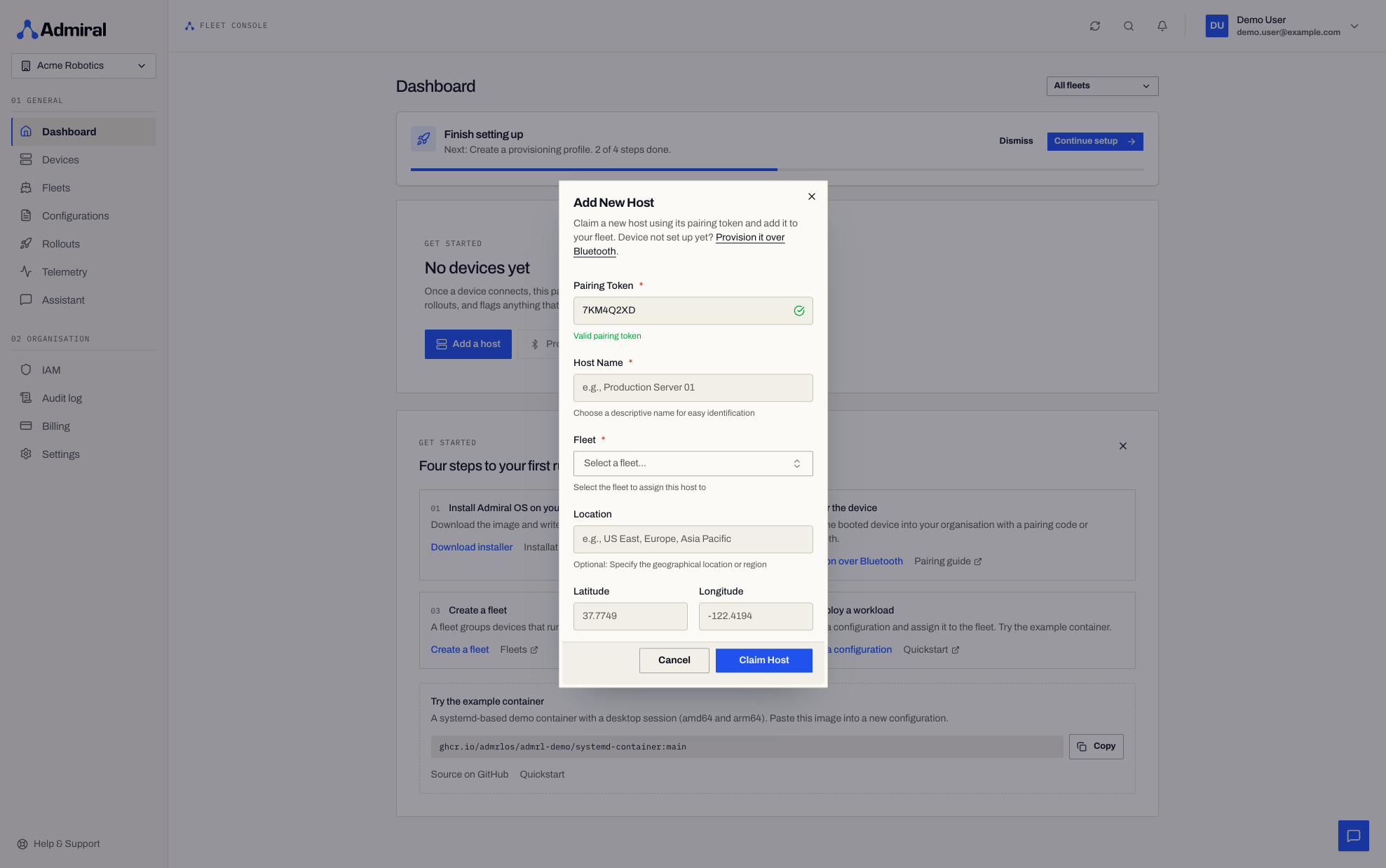 Add Host dialog with a validated pairing key and the Provision over Bluetooth link