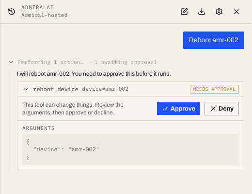 AdmiralAI approval card for rebooting a device, with Approve and Deny buttons