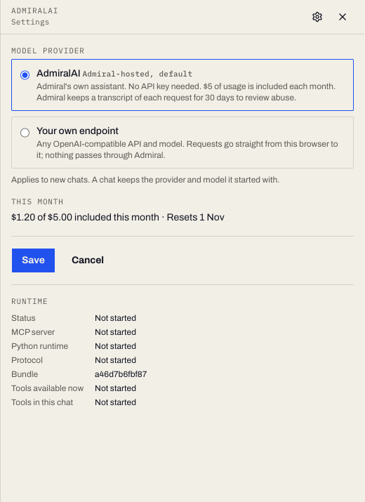 AdmiralAI settings with the Admiral-hosted provider selected, showing the provider choice and the usage line