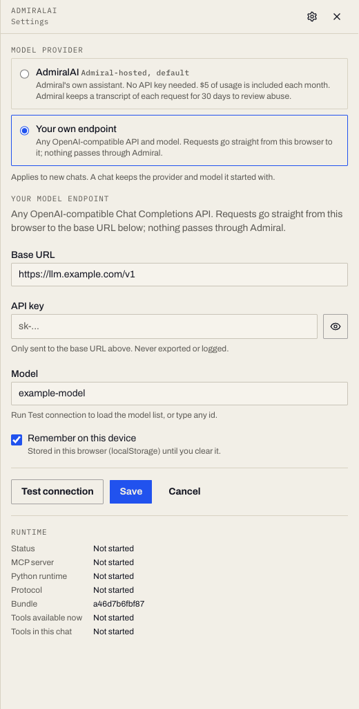 AdmiralAI settings with Your own endpoint selected, showing the base URL, API key and model fields