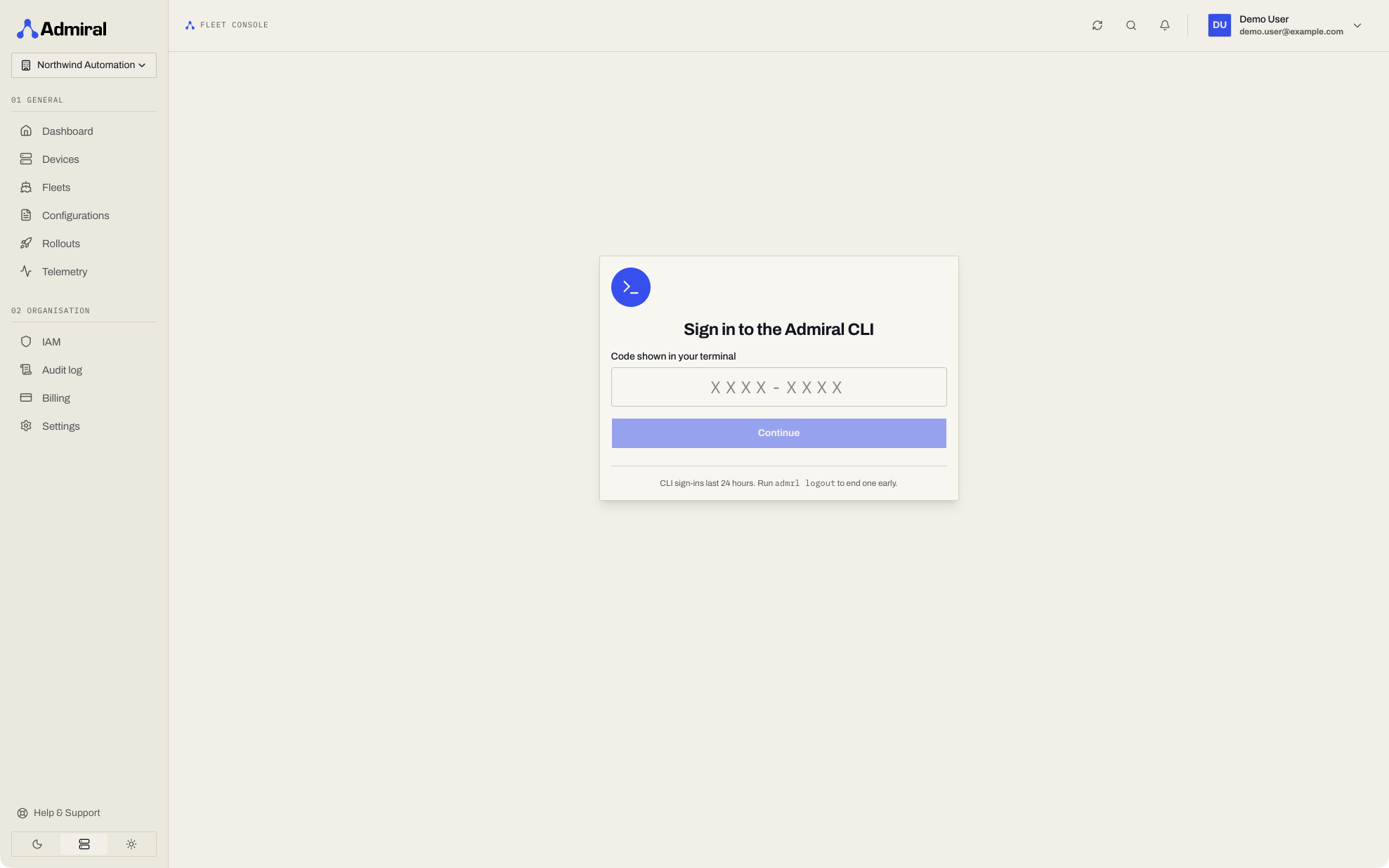 Sign in to the Admiral CLI: confirm step with code, computer and Approve / Deny
