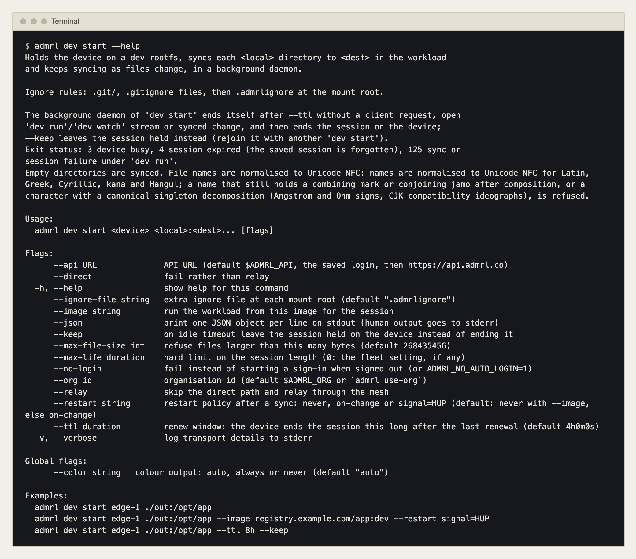 admrl dev start --help in a terminal