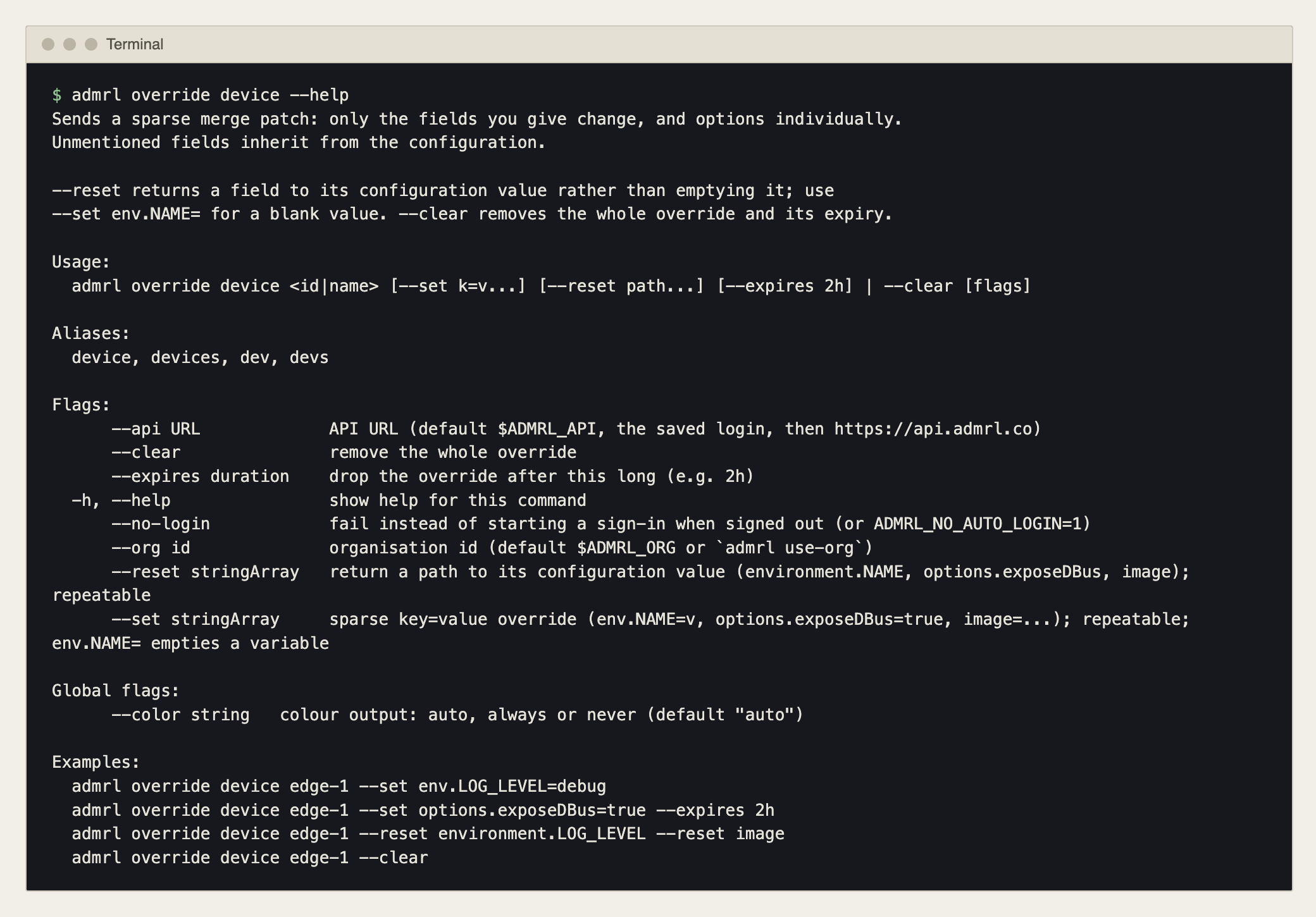 admrl override device --help in a terminal