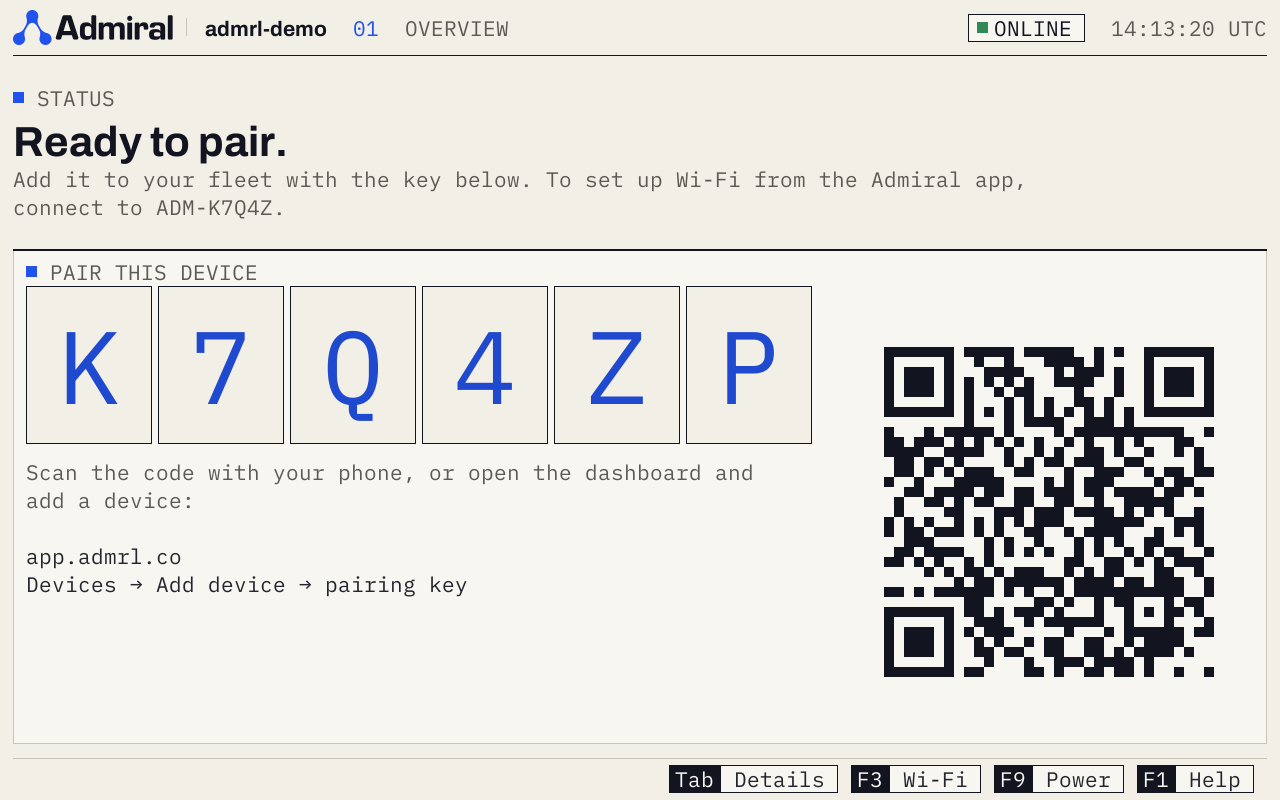 On-device console: Ready to pair, with pairing key and QR code