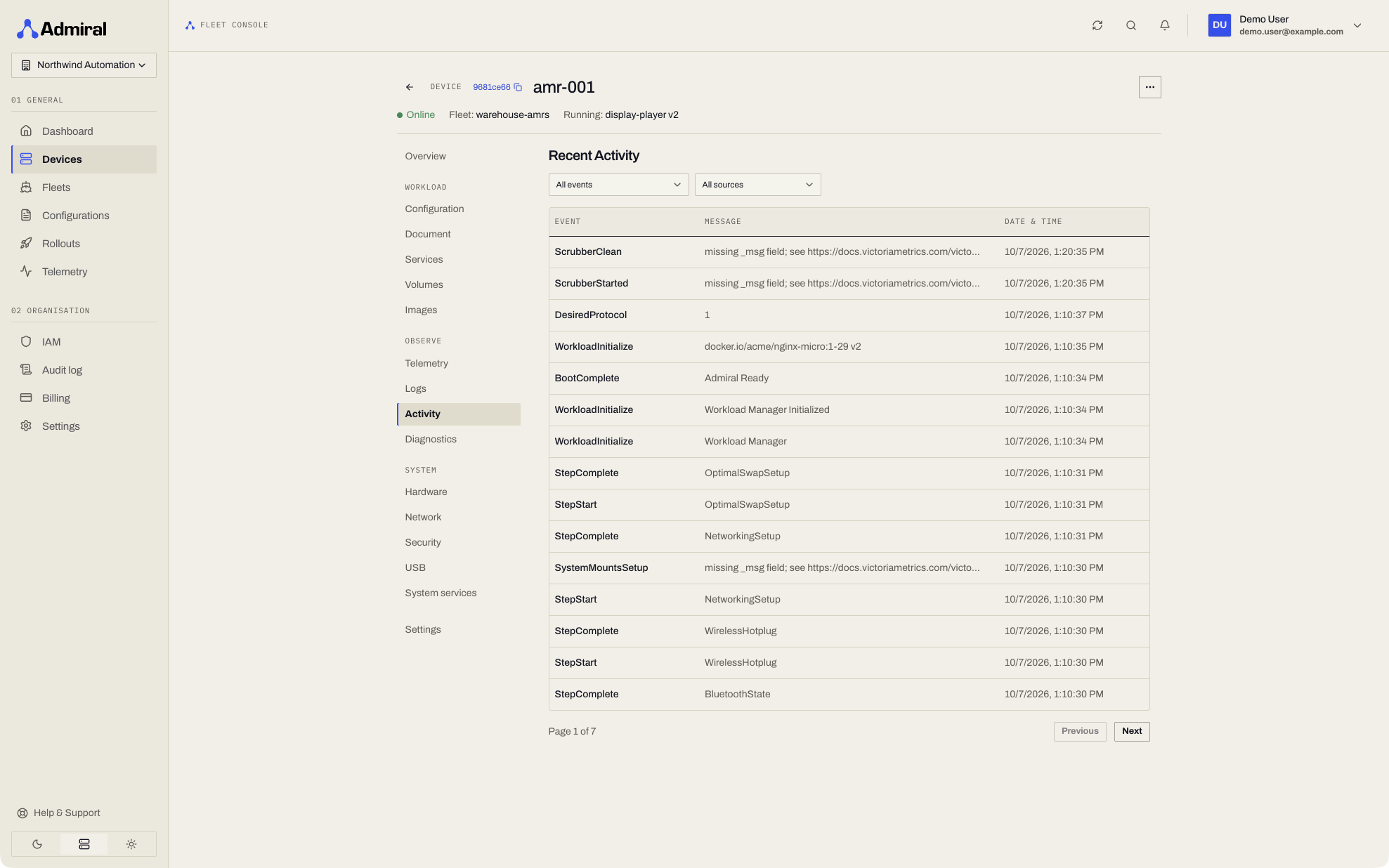 Device > Observe > Activity with event and source filters