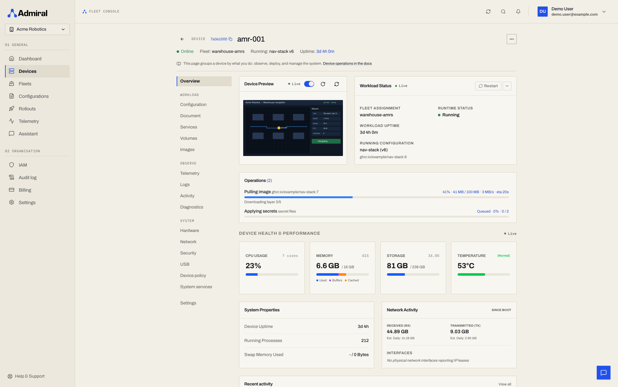 Device detail: header, Operations list and the grouped side navigation (Overview, Workload, Observe, System, Settings)