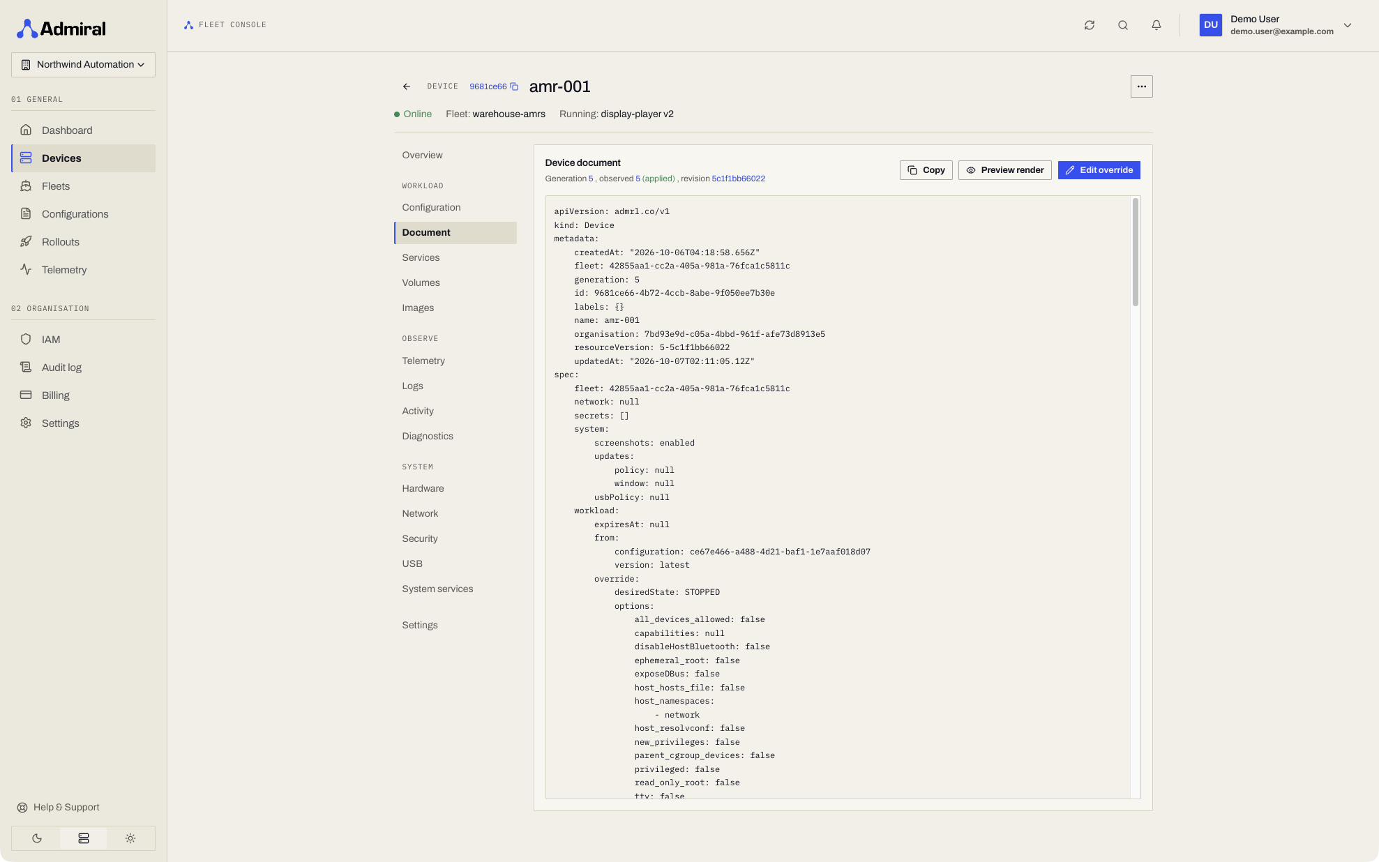 Device > Workload > Document: YAML document with generation, observed generation and revision in the header
