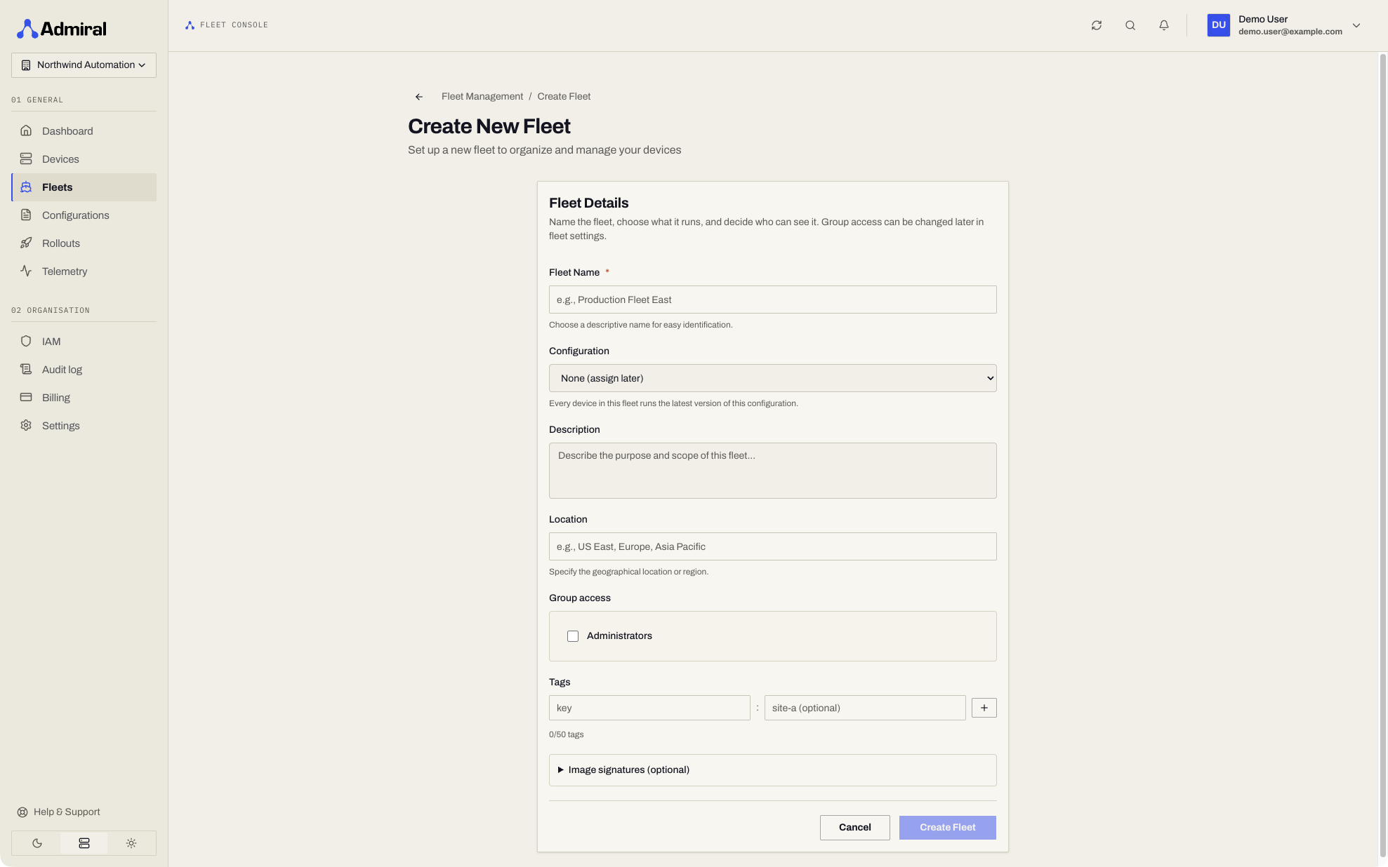 Create New Fleet form with the Configuration selector and group access picker