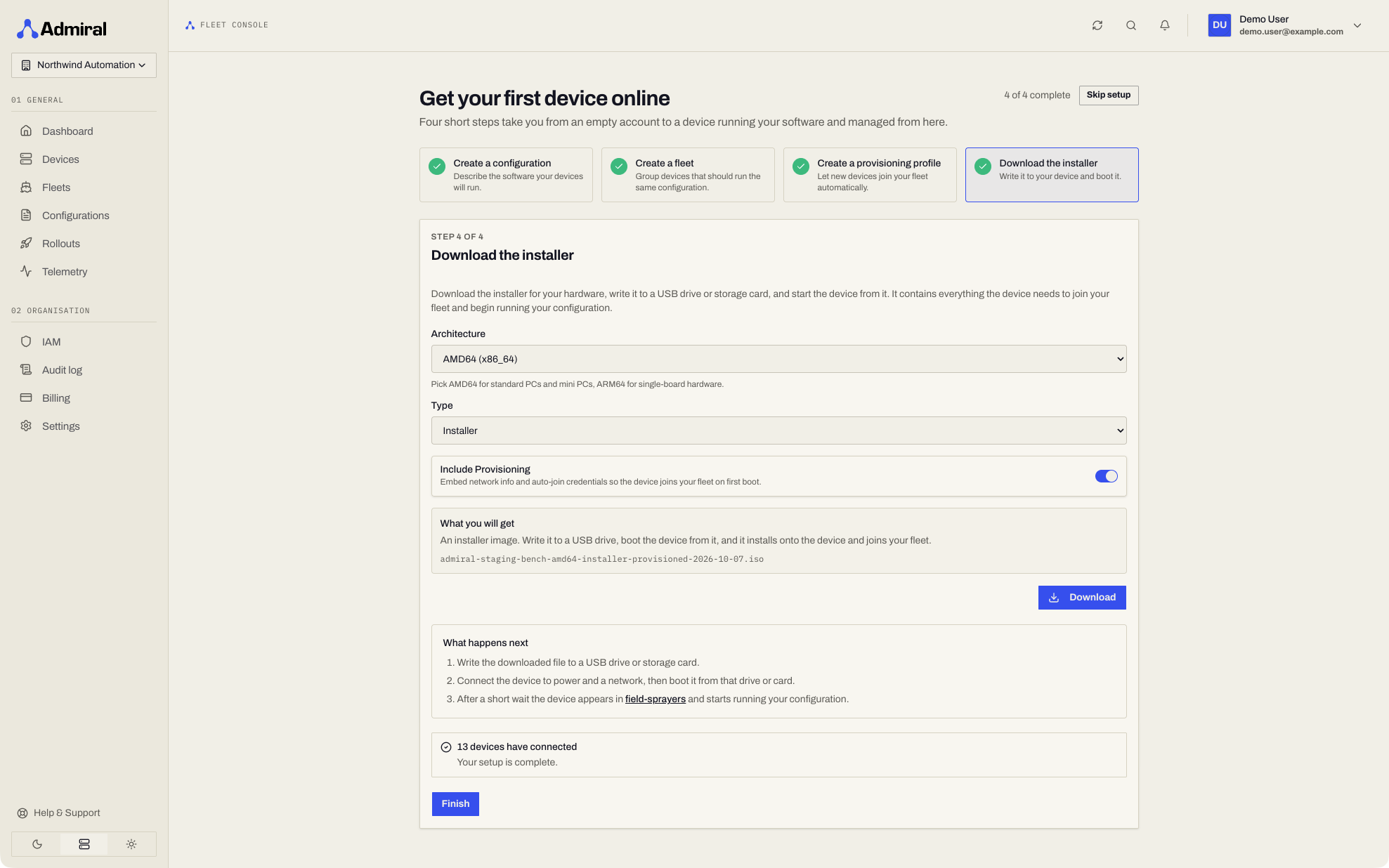 Get your first device online: the setup guide with step 1 active and 0 of 4 complete