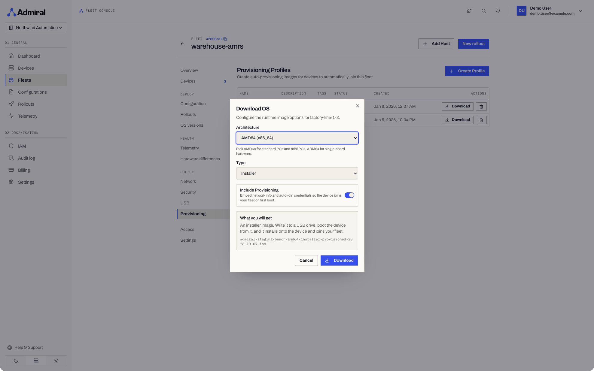 Fleet > Provisioning: download dialog with architecture, board, type and Include Provisioning