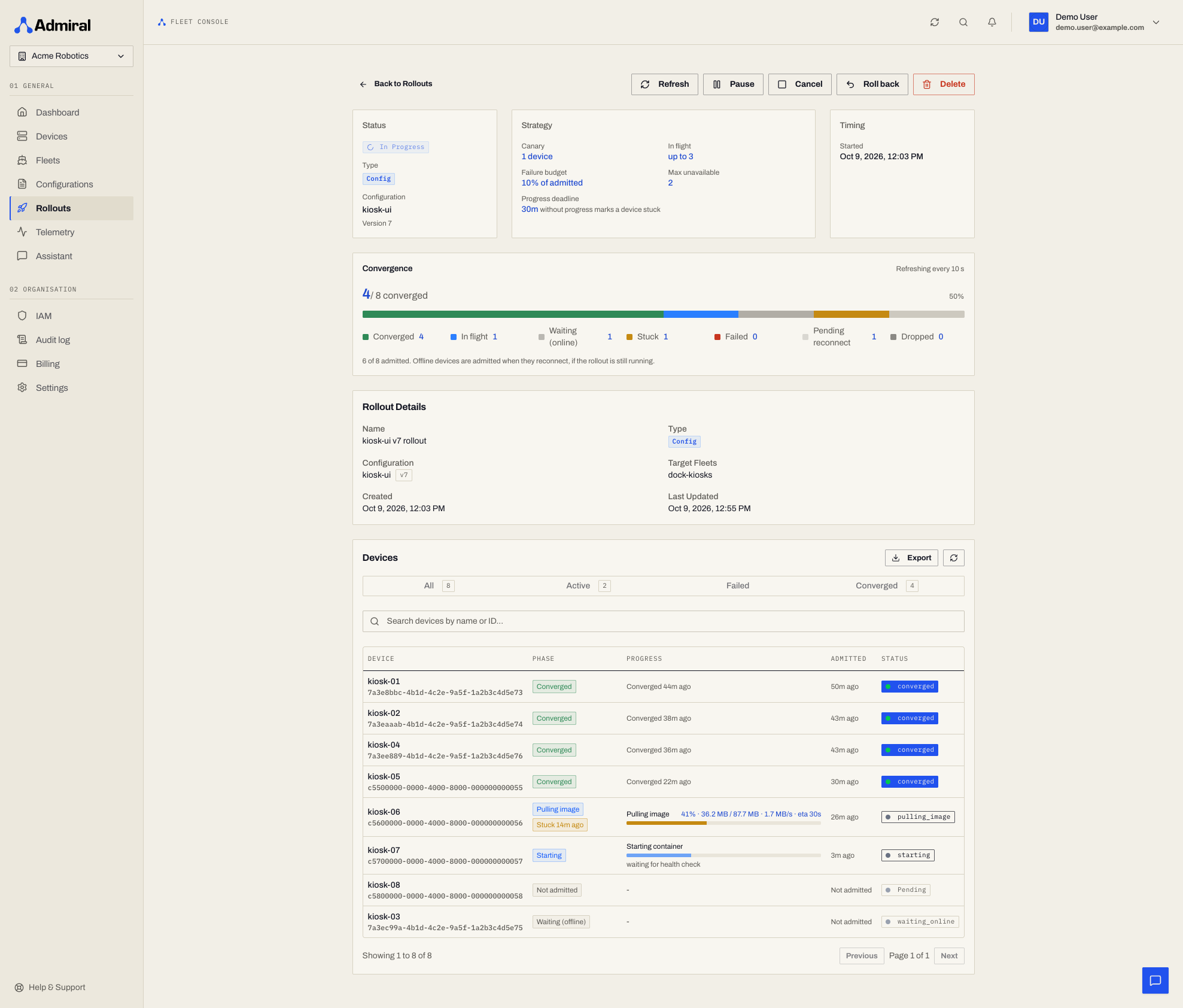 Rollout detail: Strategy panel, Convergence histogram and device table